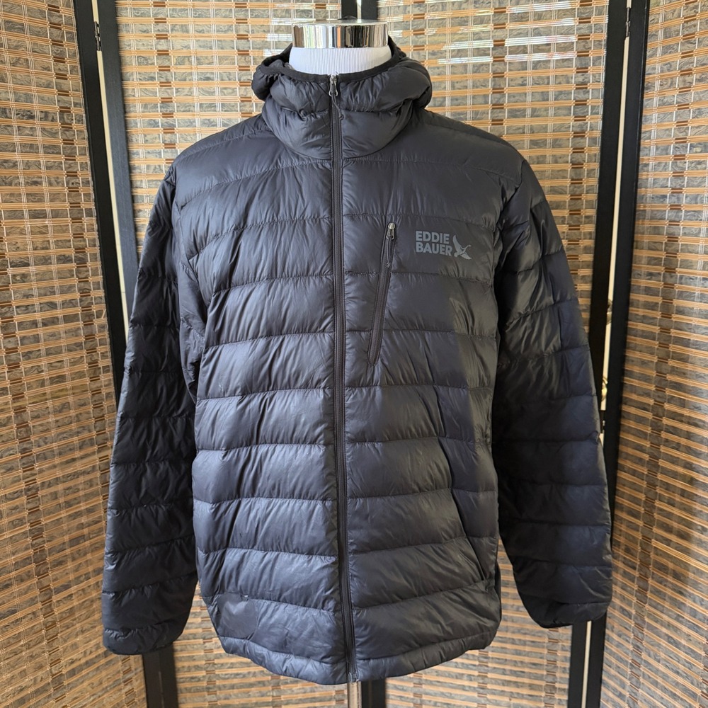 Eddie Bauer Puffer Jacket Men XL Black Down 550 Hooded Lightweight Winter Coat
